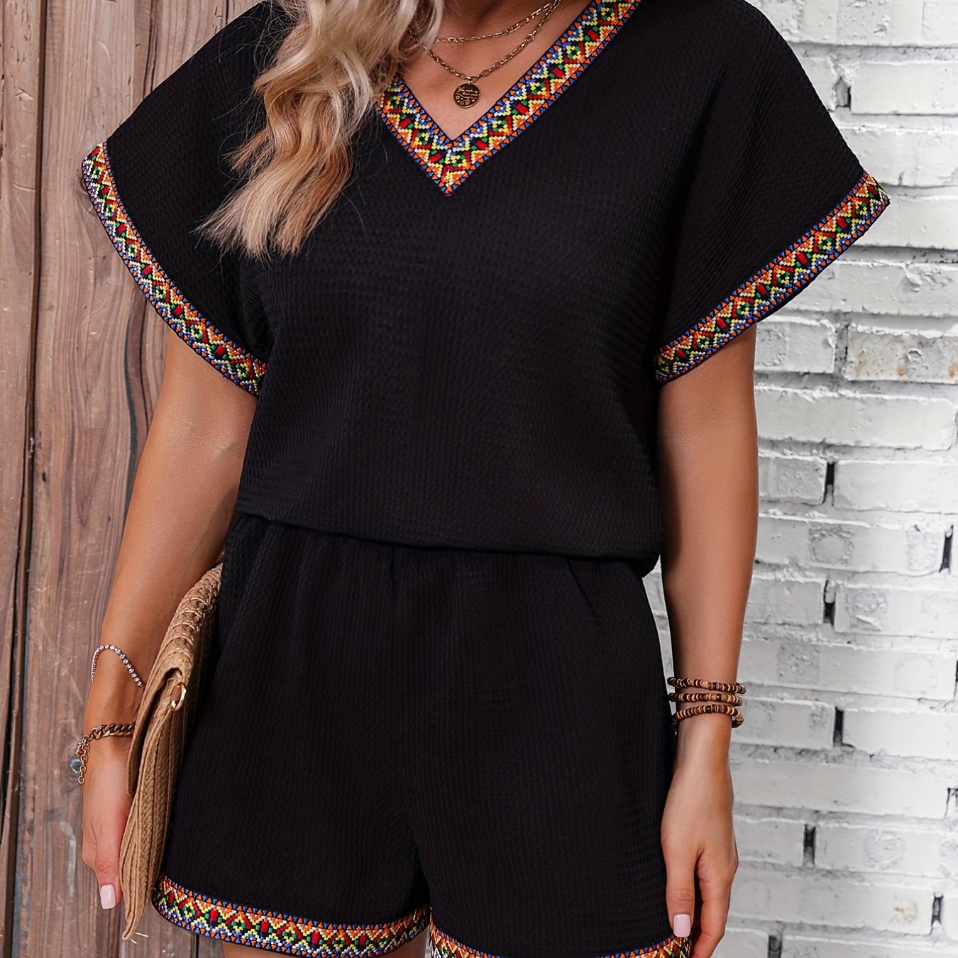 Ethnic Casual Two piece Set V Neck Short Sleeve Tee & Wide Leg Shorts