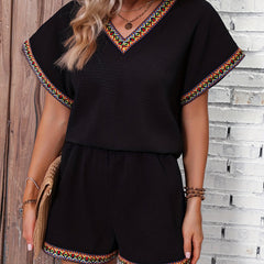 Ethnic Casual Two piece Set V Neck Short Sleeve Tee & Wide Leg Shorts