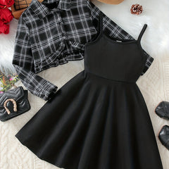 Girls A-line Dress & Plaid Shirt Set Kids Summer Clothes