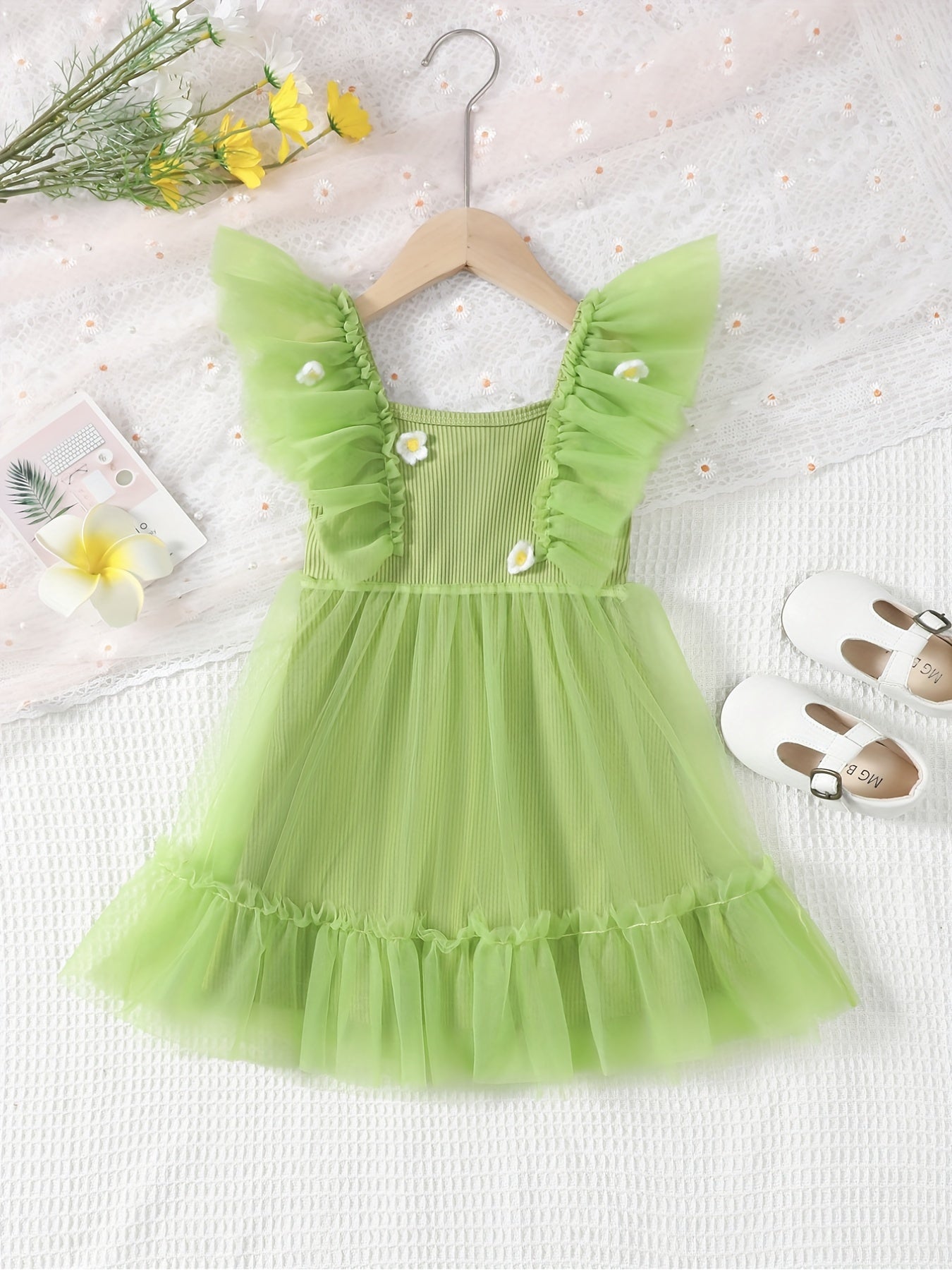 Girl's Flutter Sleeve Princess Dress Ruffle Tulle Birthday Party Evening Prom