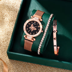 Flower Rhinestone Quartz Watch & Rhinestone Love Jewelry Set