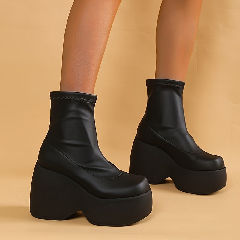 Women's Chunky Heel Short Boots Thermal Square Toe Faux Leather Boots