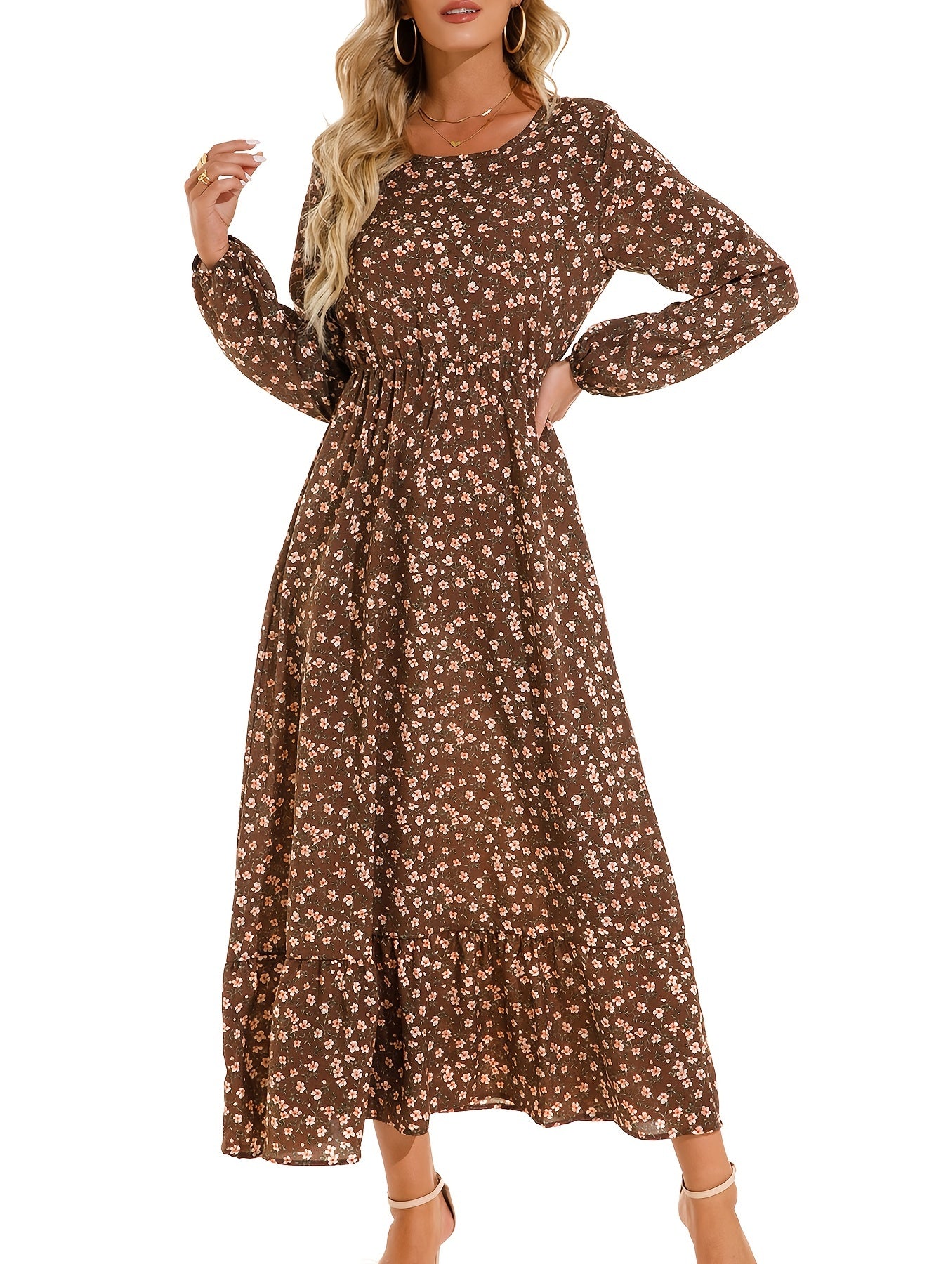 Floral Print Crew Neck Dress Boho Long Sleeve Dress