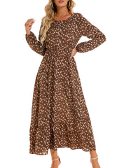 Floral Print Crew Neck Dress Boho Long Sleeve Dress