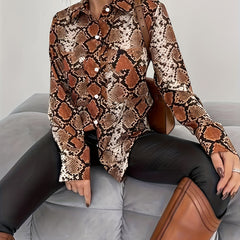 Snake Skin Print Button Up Long Sleeve Blouse