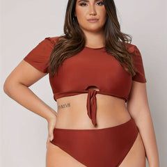 Modest Bikini Set Solid Short Sleeve Tie Front Swimsuit 2 Piece