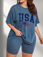 Independence Casual Loungewear Set Women's Plus Flag & Letter Print