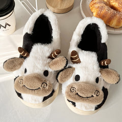 Women's Cartoon Cow Slippers Plush Fuzzy Indoor Slides