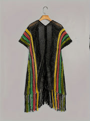 Open Knit Tassel Cover Up Short Sleeve Beach Cover Up Women's Swimwear