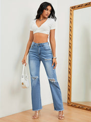 High Stretch Frayed Trim Ripped Jeans Loose Fit