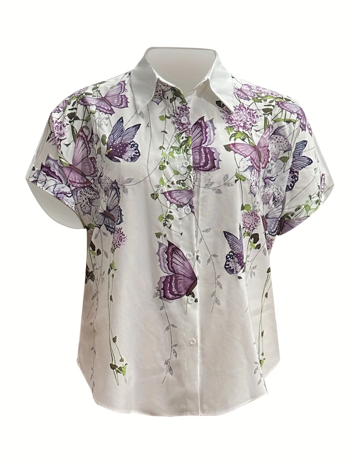 Plus Floral Print Polo Neck Short Sleeve Button Up Shirt