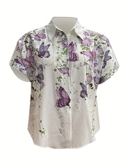Plus Floral Print Polo Neck Short Sleeve Button Up Shirt