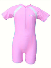 Girls Splicing Zip Short Sleeve 1 piece Swimwear With Swim Cap