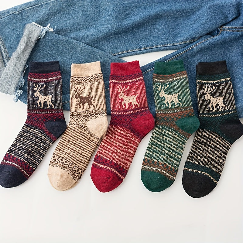 5 Pairs Elk Print Socks Comfy & Warm Mid Tube Socks Women's Stockings