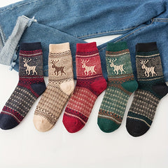 5 Pairs Elk Print Socks Comfy & Warm Mid Tube Socks Women's Stockings
