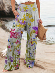 Floral Wide Leg Pants Smocked Waist Casual Women's Clothing