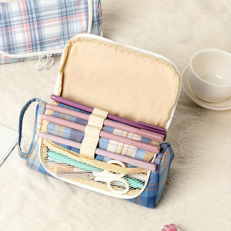 Plaid Net Large Capacity Pen Bag Makeup Bag
