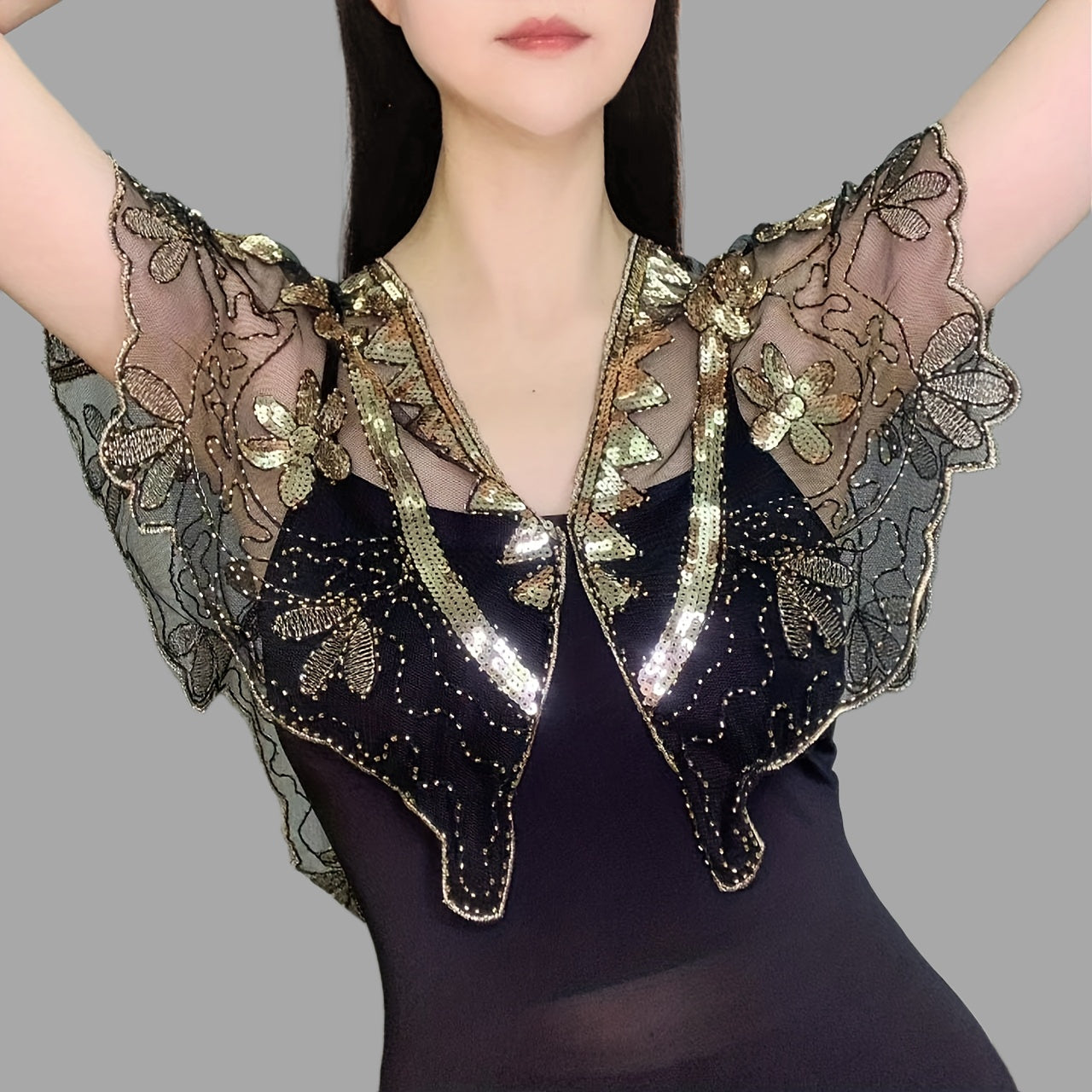 Vintage Flower Embroidery Sequin Beaded Shawl