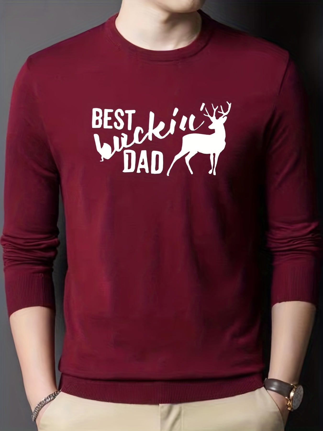 Dad & Deer Print Knitted Sweater Men's Warm Crew Neck Pullover For Fall Winter