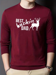Dad & Deer Print Knitted Sweater Men's Warm Crew Neck Pullover For Fall Winter