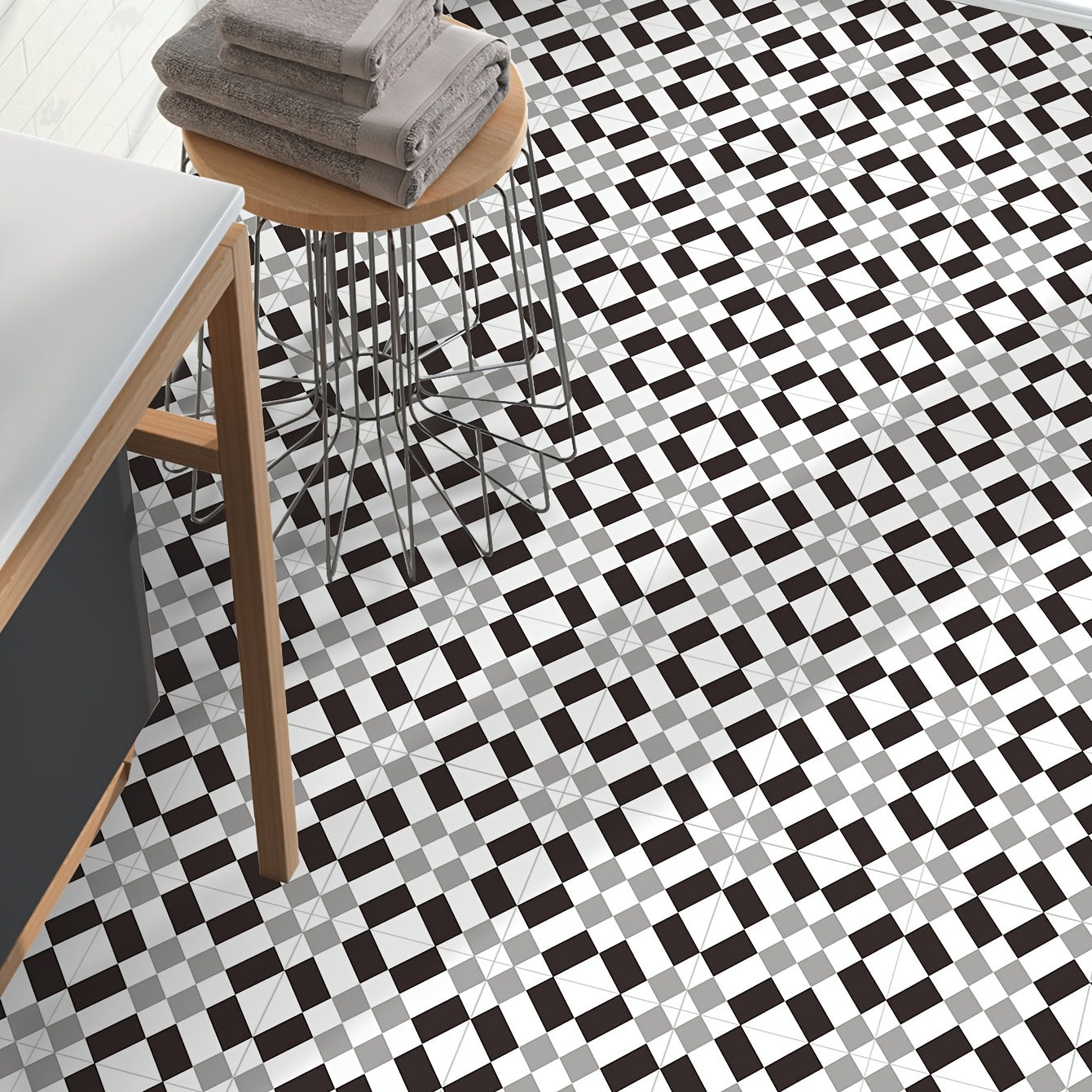 9pcs Gray Geometric Floor Tile Sticker Waterproof Vinyl Matte Floor Sticker