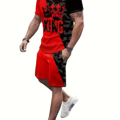 Men's Crown & King Graphic T-Shirt & Shorts Set for Outdoor Activities