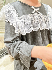 Girls Nightdress Long Sleeve Round Neck Princess Dress Lace Bow Decor