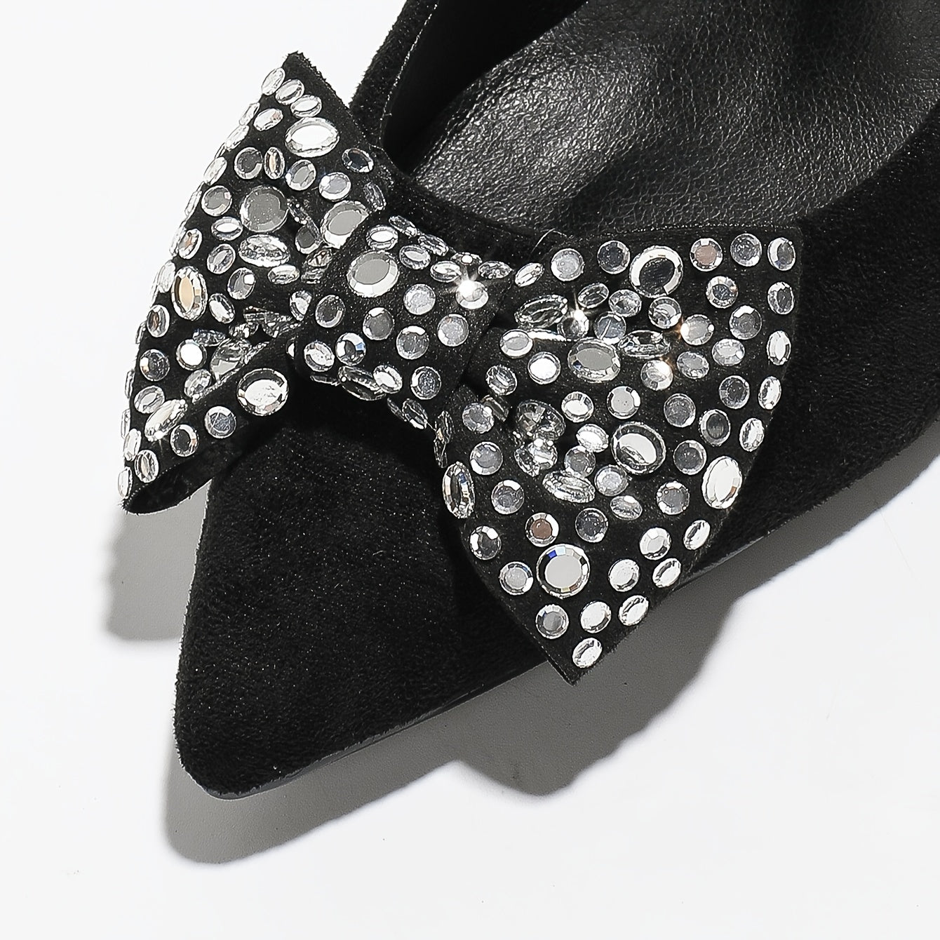 Rhinestone Bow Heels Pointed Toe Slip On Chunky Heels