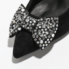 Rhinestone Bow Heels Pointed Toe Slip On Chunky Heels