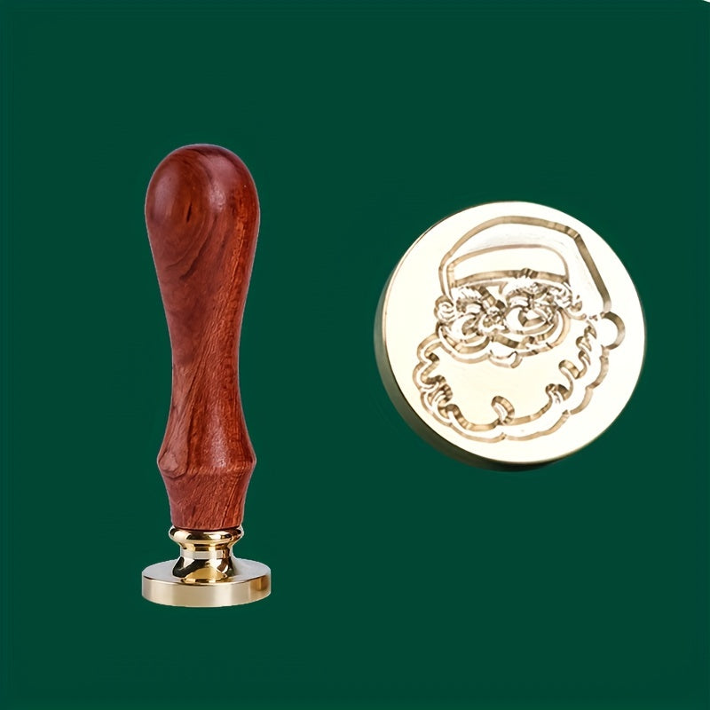 Santa Claus Seal Set Flower Wood Handle Vintage Brass Scrapbooking DIY Craft