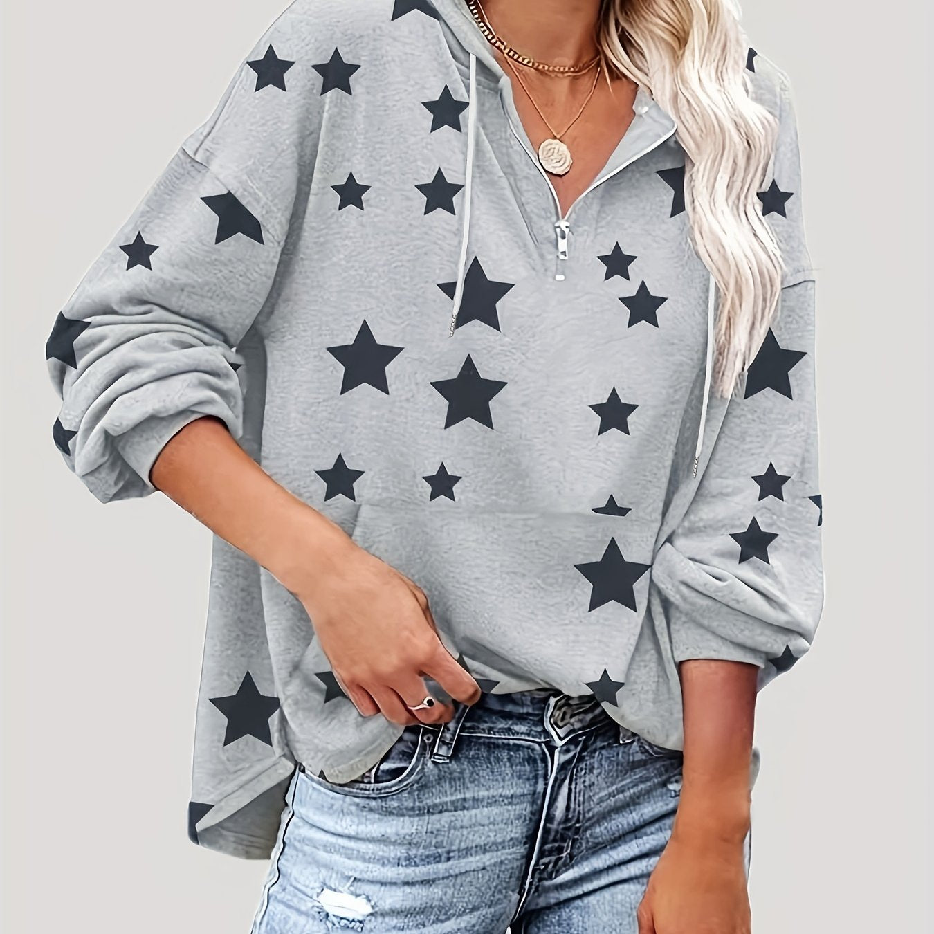 Star Print Kangaroo Pocket Zip Hoodie Drawstring Hoodies Sweatshirt