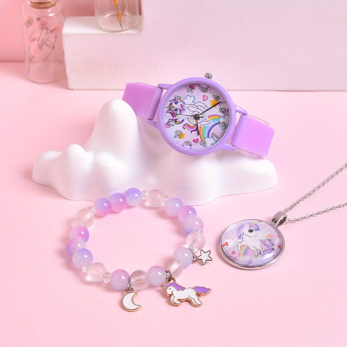 3pcs Cartoon Rainbow Horse Girls' Watch Creative Quartz Wristwatch Set