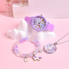 3pcs Cartoon Rainbow Horse Girls' Watch Creative Quartz Wristwatch Set