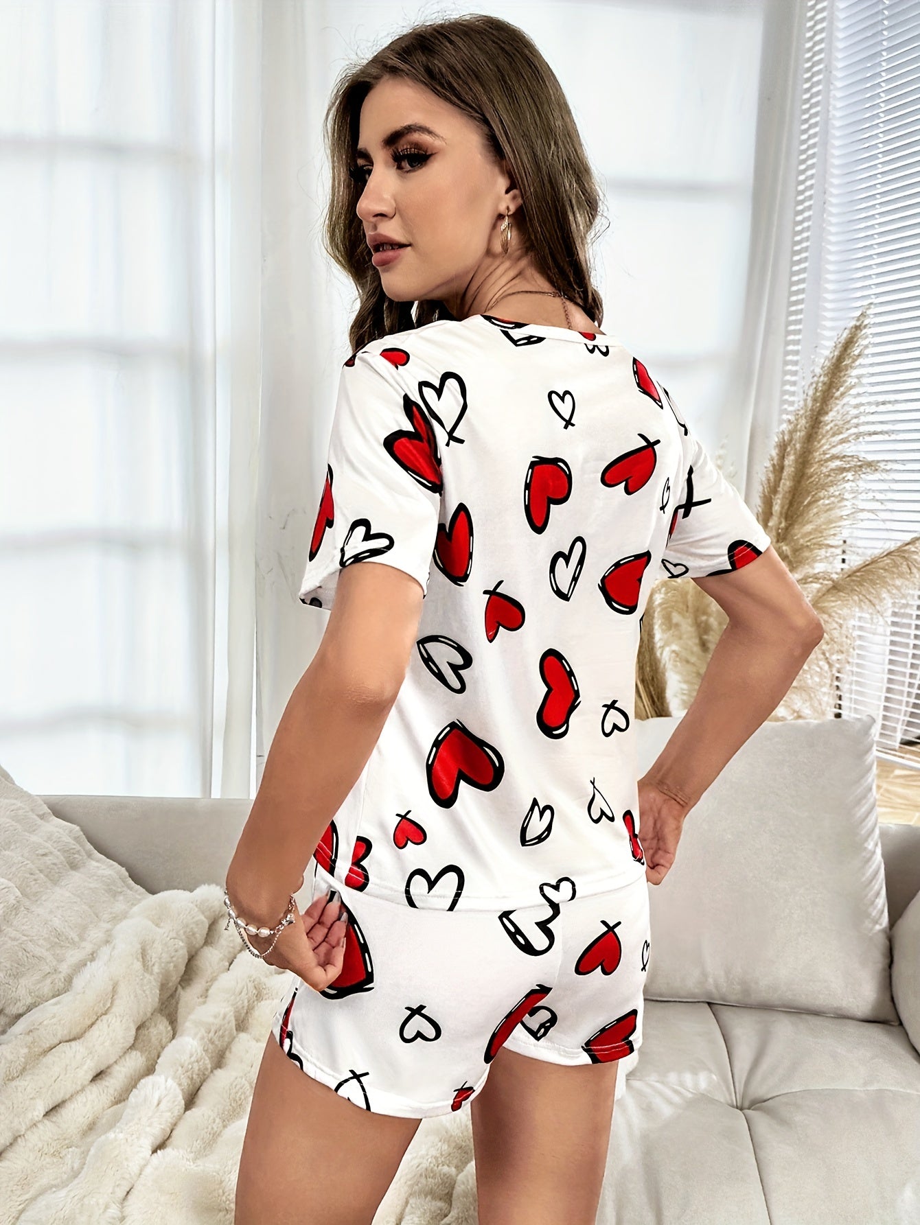 Heart Pattern Pajamas Set Short Sleeve Crew Neck Top & Shorts