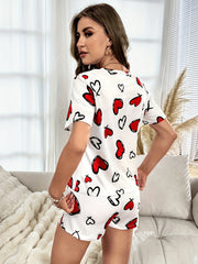 Heart Pattern Pajamas Set Short Sleeve Crew Neck Top & Shorts