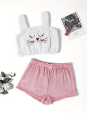 Cartoon Pattern Fuzzy Pajama Set Cami Top & Shorts Women's Sleepwear
