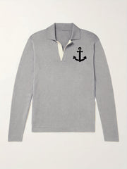 Anchor Pattern Knit Polo Shirt Men's Casual Lapel V Neck Pullover