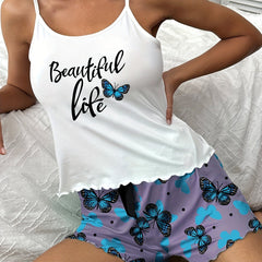 Butterfly Print Pajama Set Crew Neck Cami Top & Bow Shorts