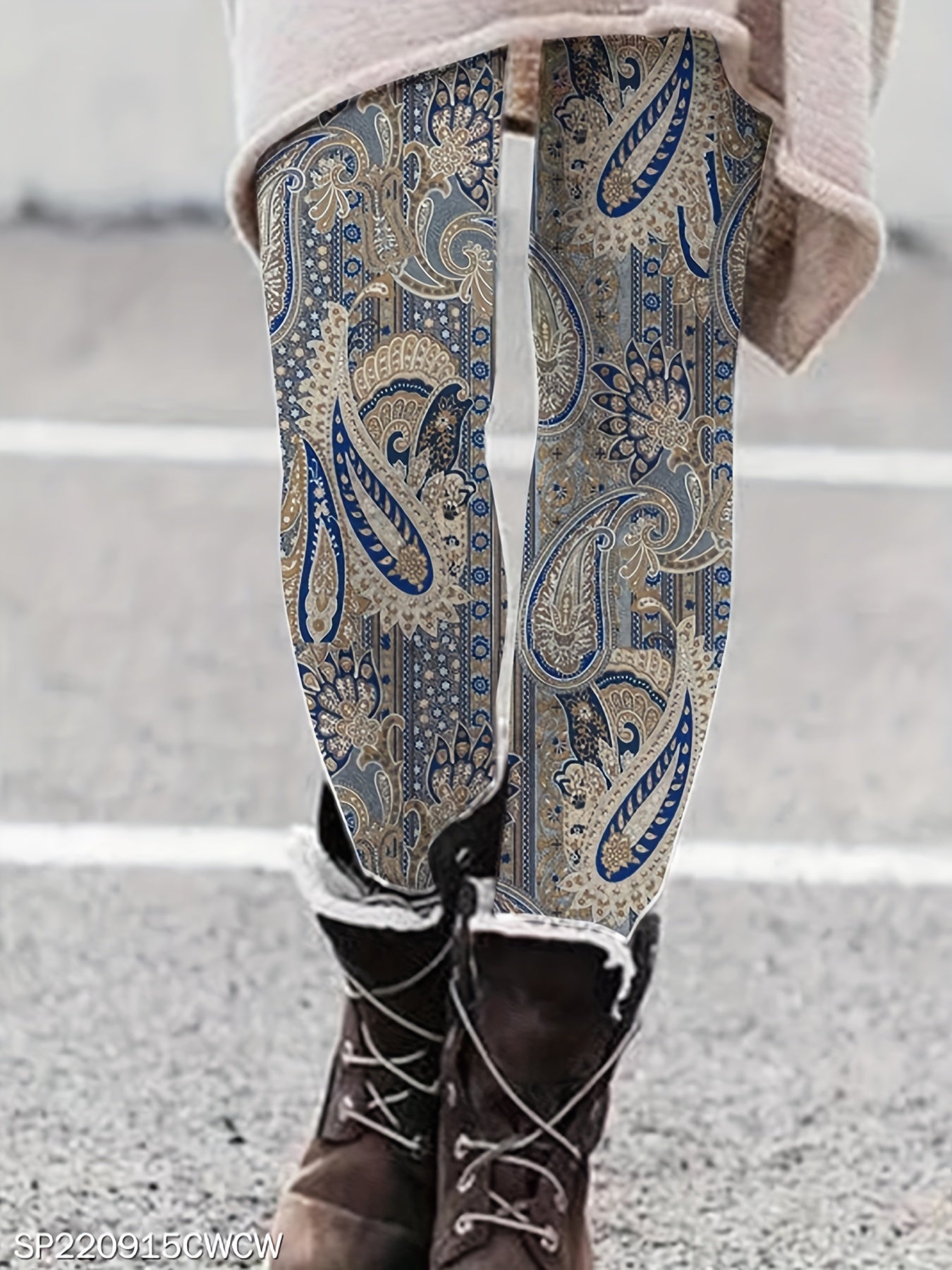 Boho Leggings Women's Plus Paisley Print Elastic High Rise