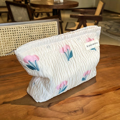 Flower Pattern Ruched Cosmetic Bag Portable Travel Makeup Bag