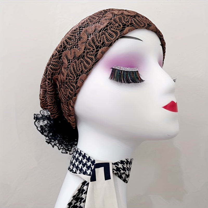Lace Embroidery Mesh Turban Cap Women Head Wrap Elastic Beanie