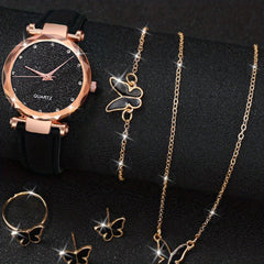 Women's PVC Strap Round Dial Watch & Jewelry Set for Daily Life