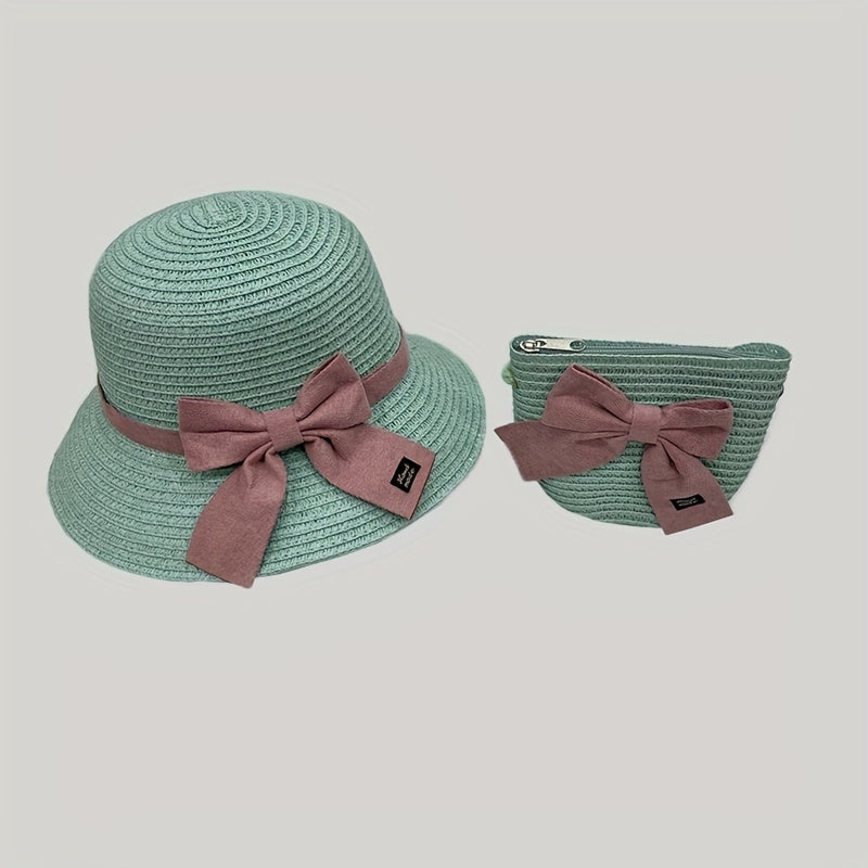 Girls Bow Decor Straw Hat & Bag Set for Outdoor Activities