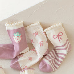 5 Pairs Girls Kids Crew Socks Cartoon Pattern Breathable Comfy Stylish Students