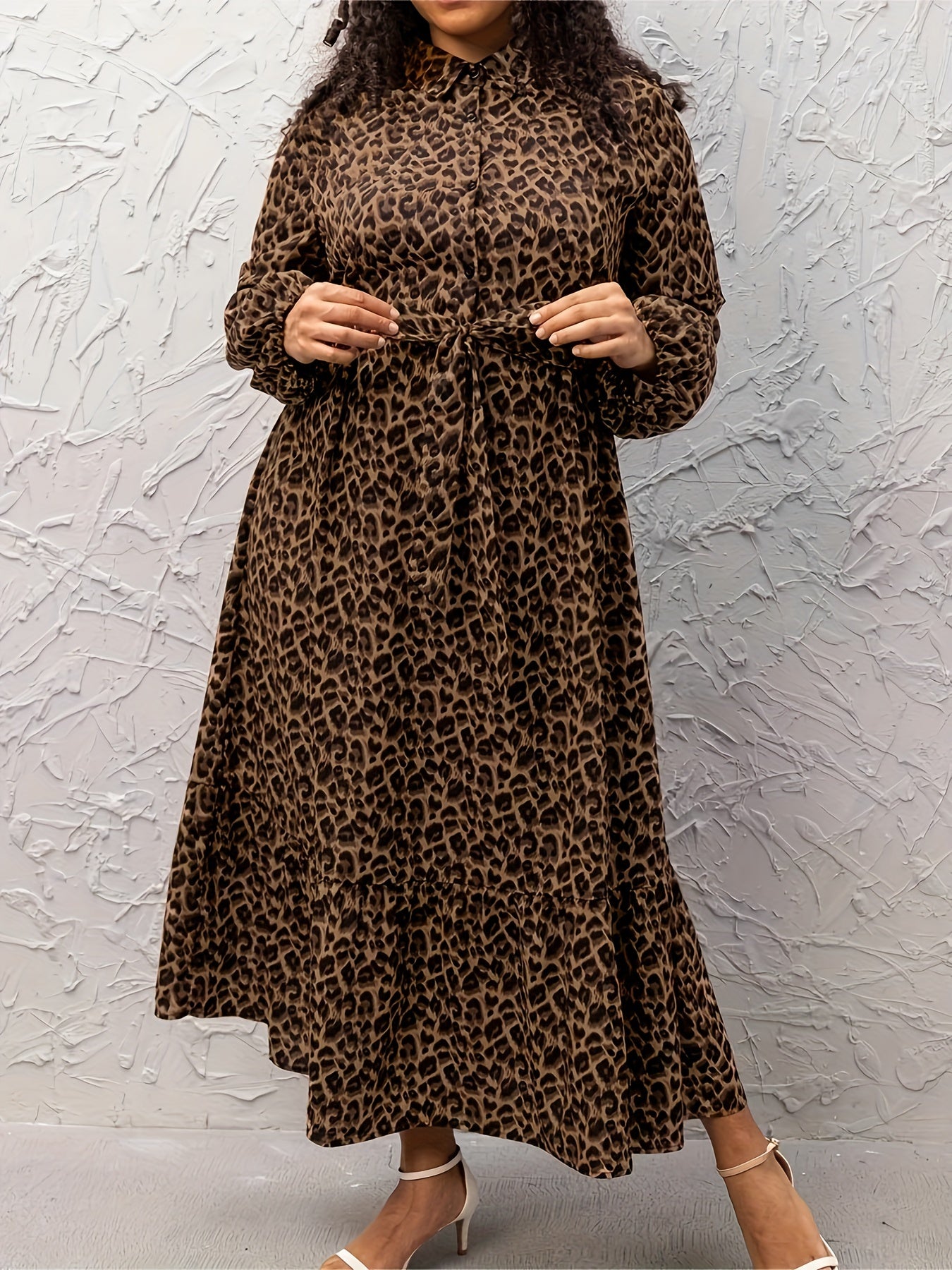 Leopard Print Long Sleeve Maxi Shirt Dress With Belt