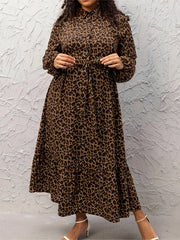 Leopard Print Long Sleeve Maxi Shirt Dress With Belt
