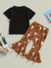 Girls Cow Print T shirt & Flared Pants Set For Summer