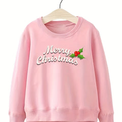 Girls Merry Christmas Pattern Sweatshirt Round Neck Long Sleeve Top