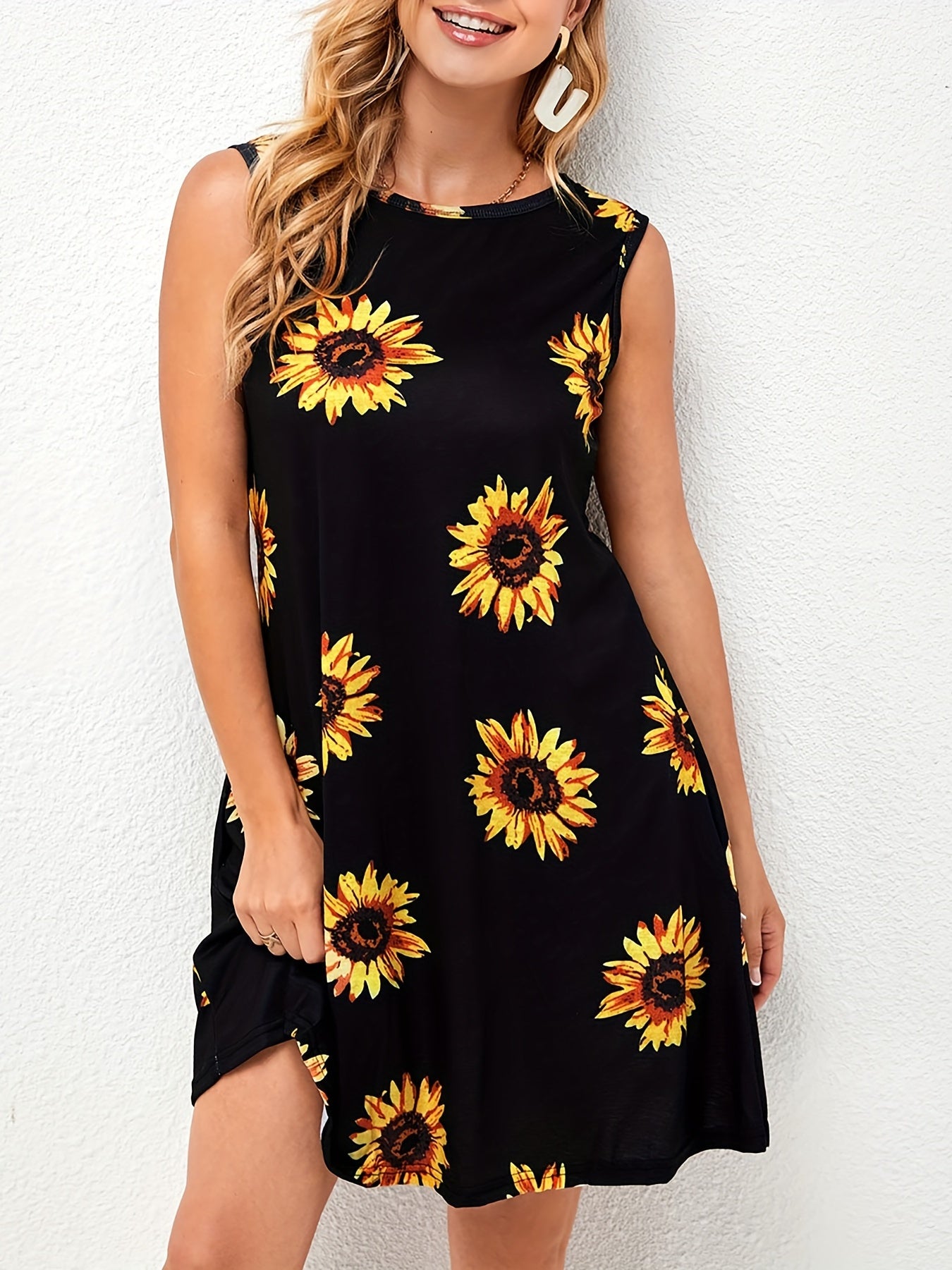 Sunflower Print Summer Dress Crew Neck Sleeveless Casual Dress