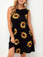 Sunflower Print Summer Dress Crew Neck Sleeveless Casual Dress